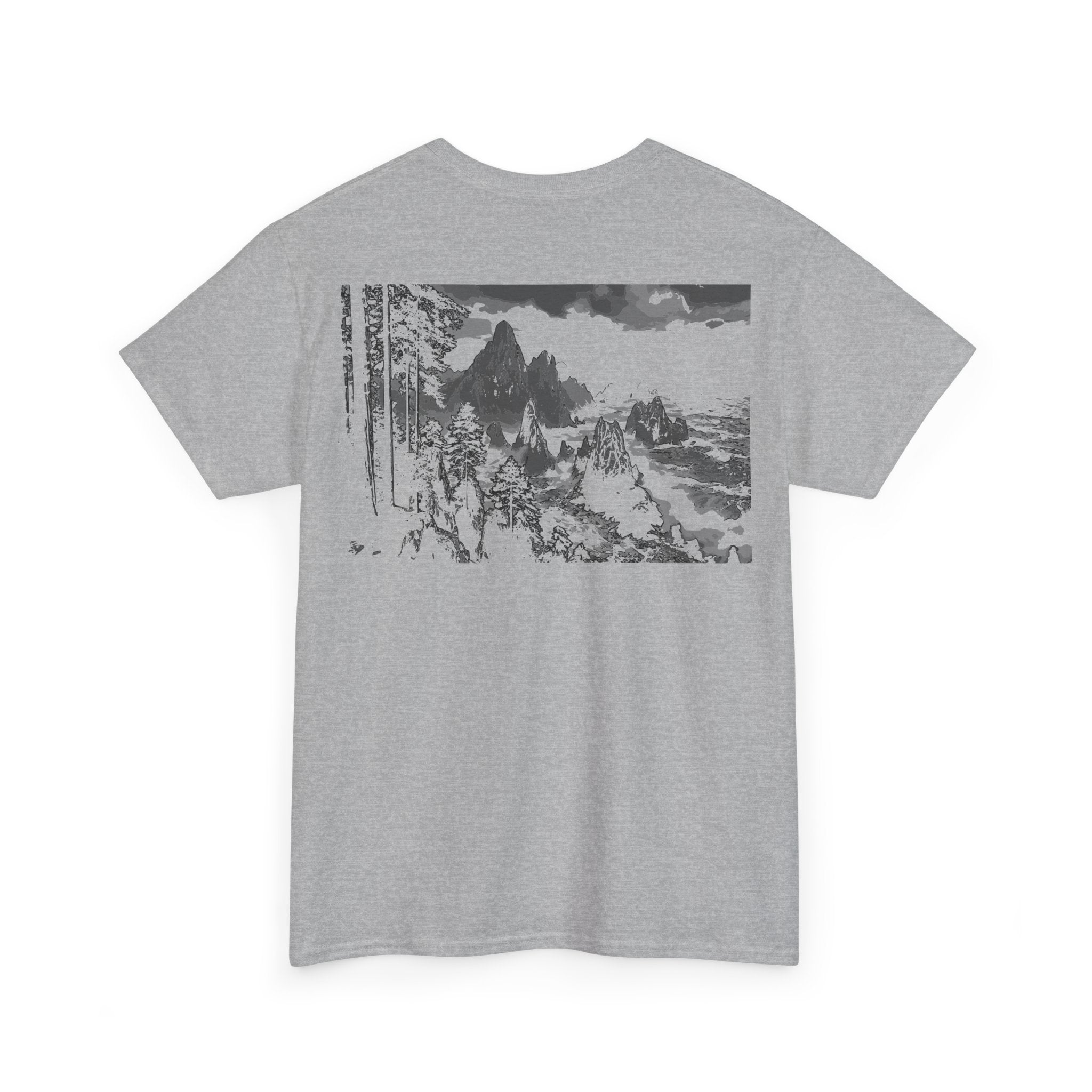 Redwood Shore, Heavy Cotton Tee with Artistic Landscape Design, Monochrome, Streetwear, Nature Lovers, Graphic T-Shirt, Eco-Friendly Apparel