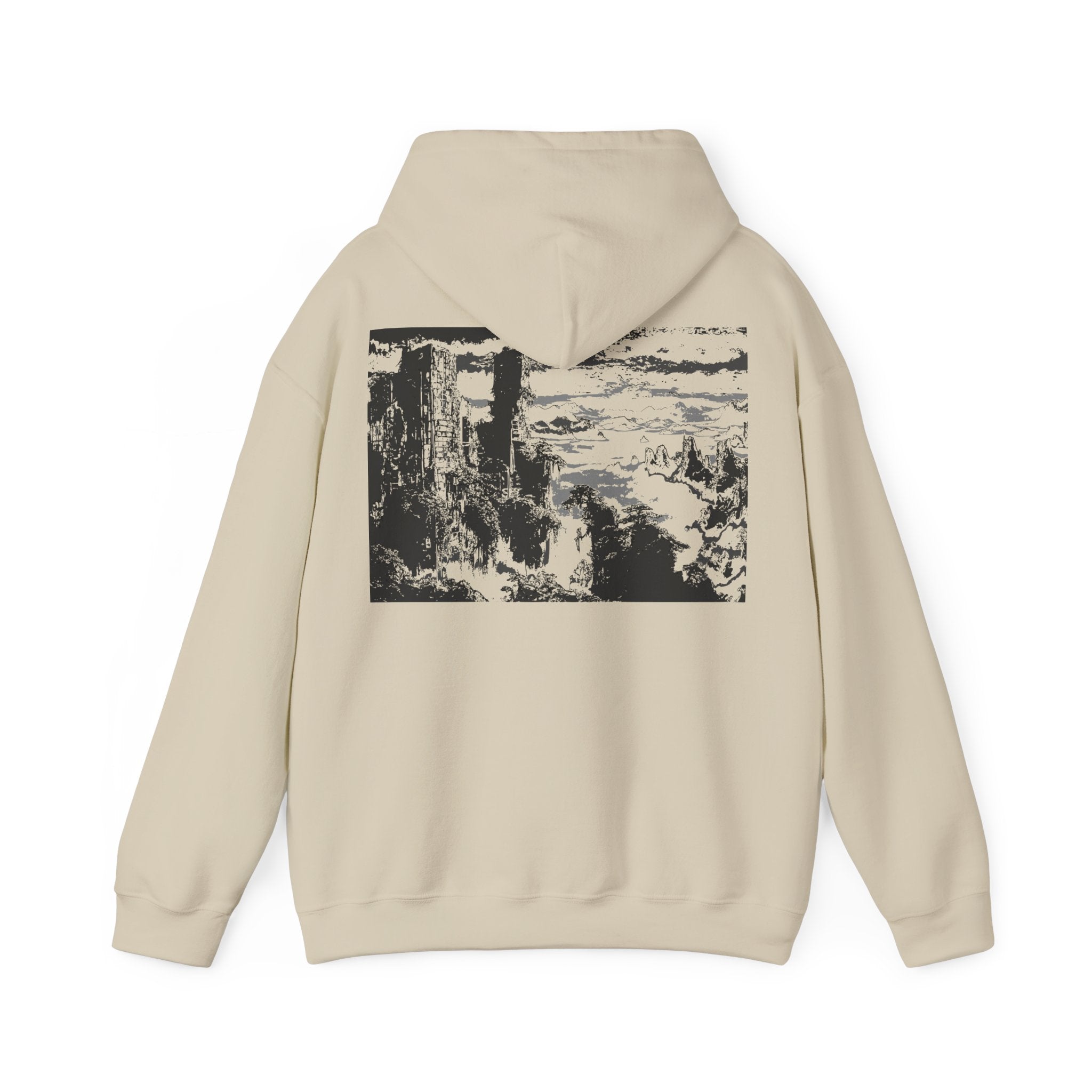 Overgrown City Mountain Heavy Blend Hoodie, Monochrome, Cozy Sweatshirt for Outdoor Lovers, Gift for Nature Enthusiasts, Streetwear