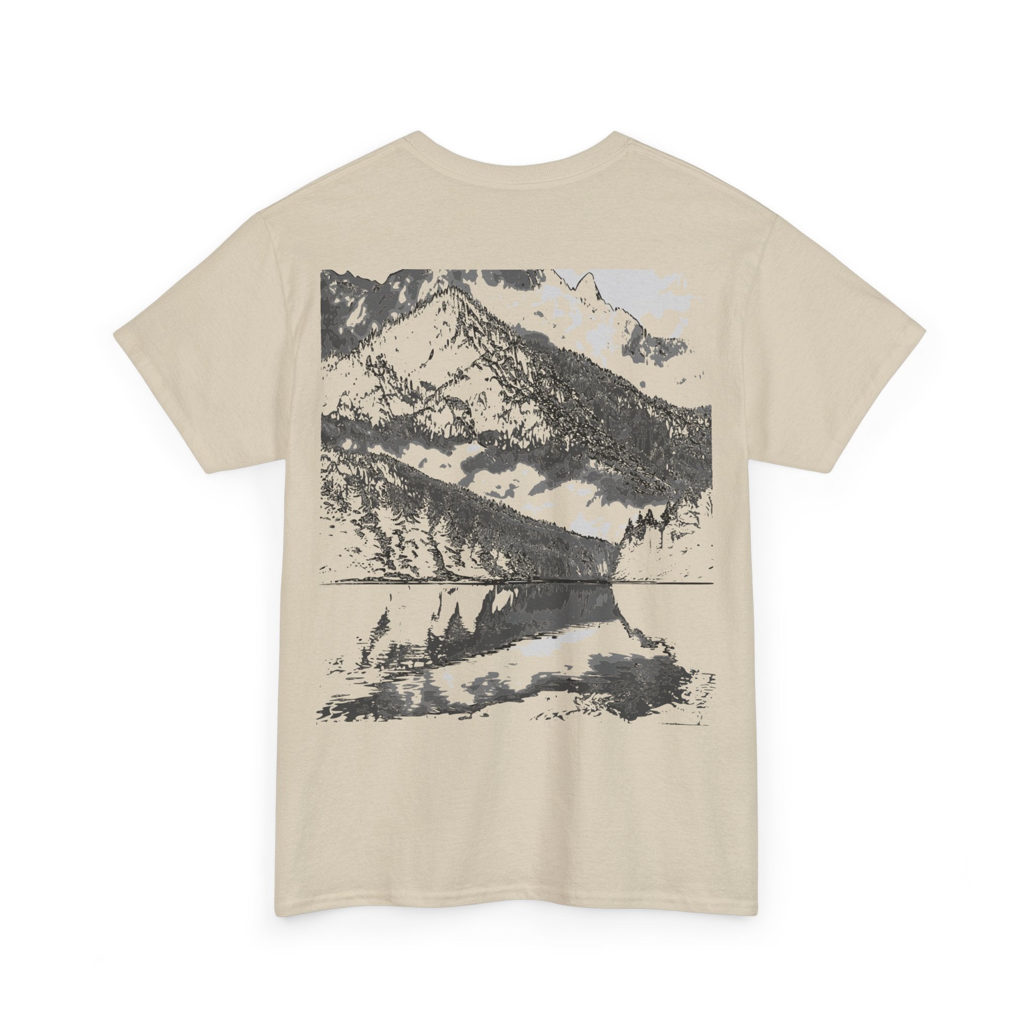 Mountain Reflection Tee, Graphic Tee, Relaxed Fit Shirt, Streetwear, Gift for Nature Lovers, Everyday Style, Monochrome