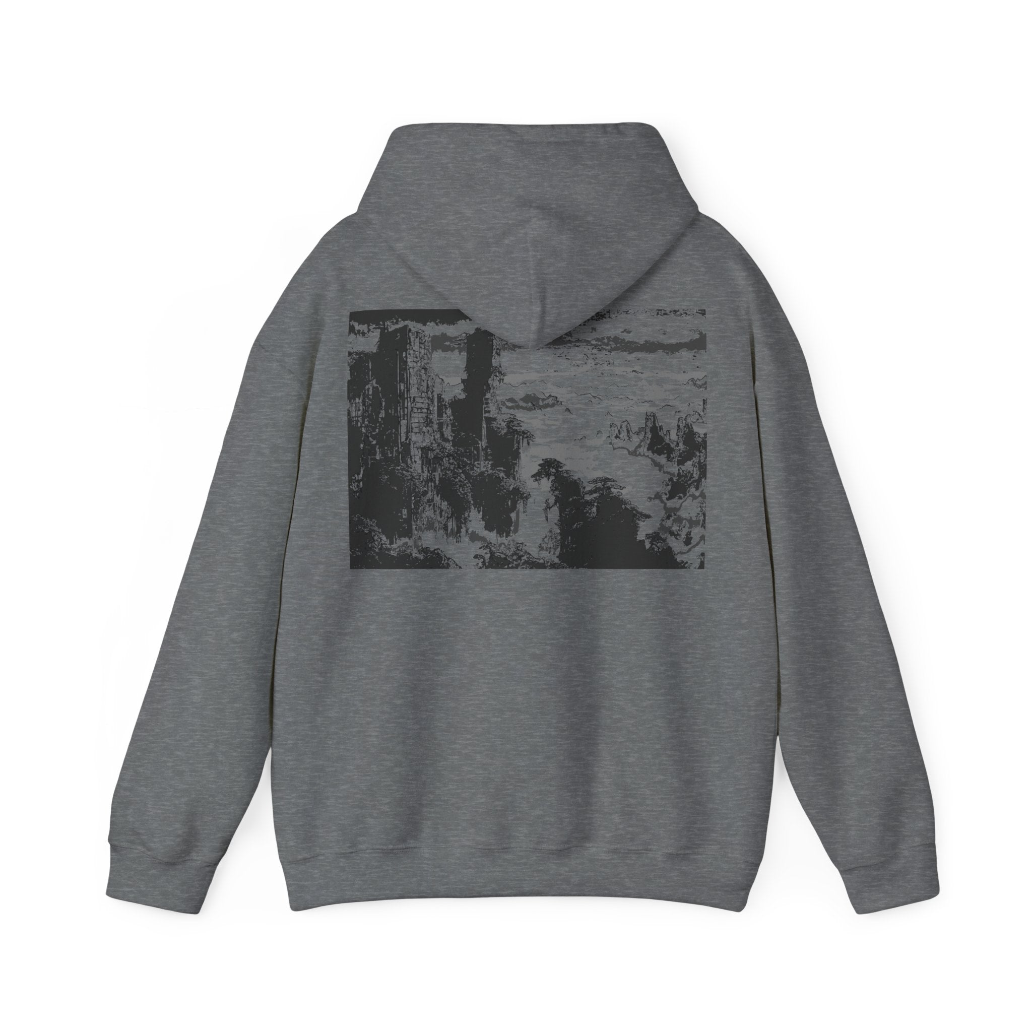 Overgrown City Mountain Heavy Blend Hoodie, Monochrome, Cozy Sweatshirt for Outdoor Lovers, Gift for Nature Enthusiasts, Streetwear