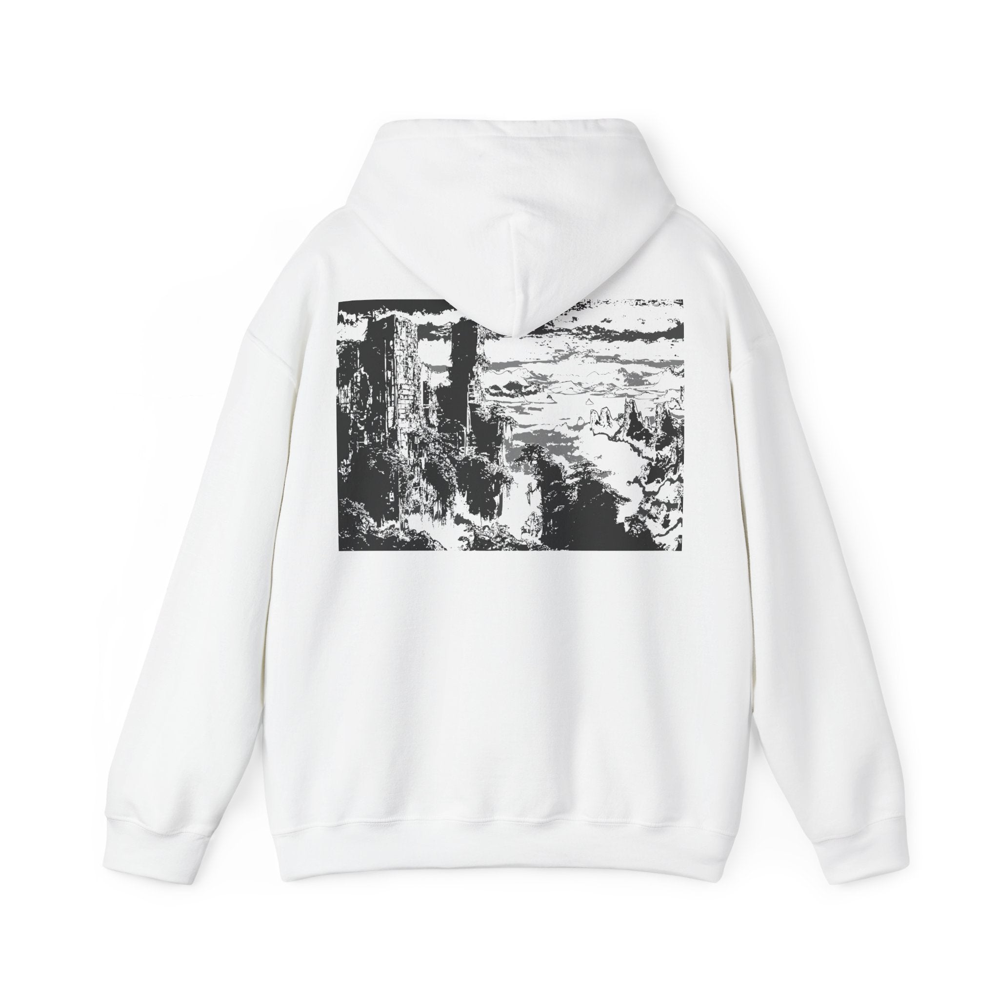 Overgrown City Mountain Heavy Blend Hoodie, Monochrome, Cozy Sweatshirt for Outdoor Lovers, Gift for Nature Enthusiasts, Streetwear