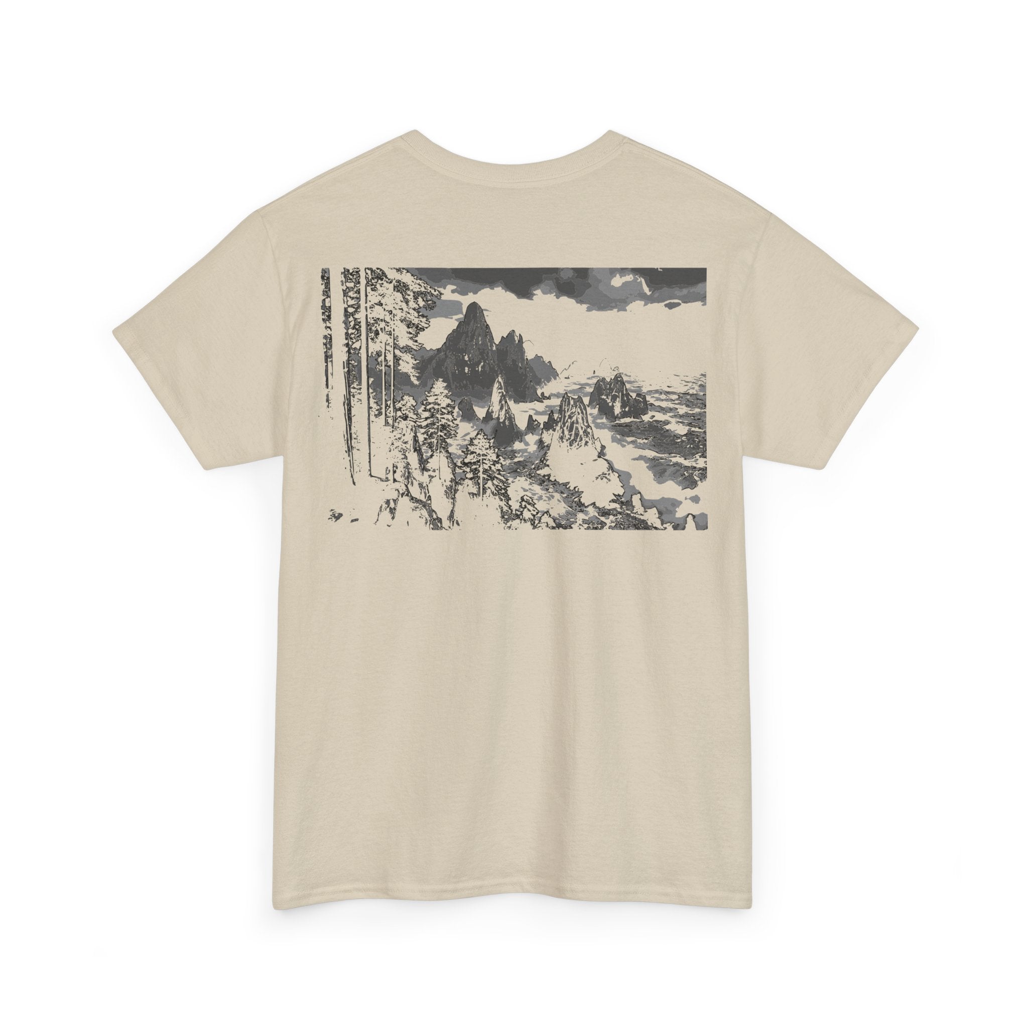 Redwood Shore, Heavy Cotton Tee with Artistic Landscape Design, Monochrome, Streetwear, Nature Lovers, Graphic T-Shirt, Eco-Friendly Apparel