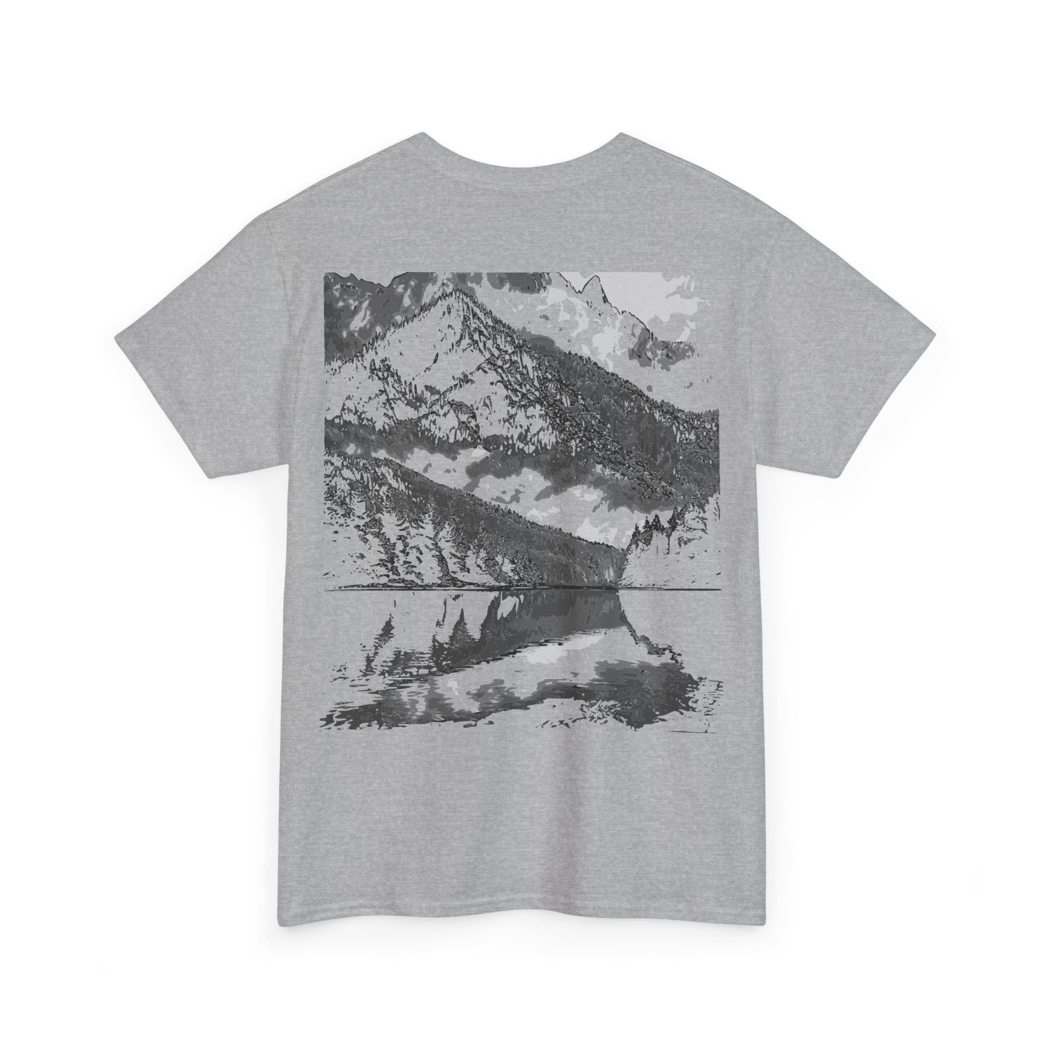Mountain Reflection Tee, Graphic Tee, Relaxed Fit Shirt, Streetwear, Gift for Nature Lovers, Everyday Style, Monochrome