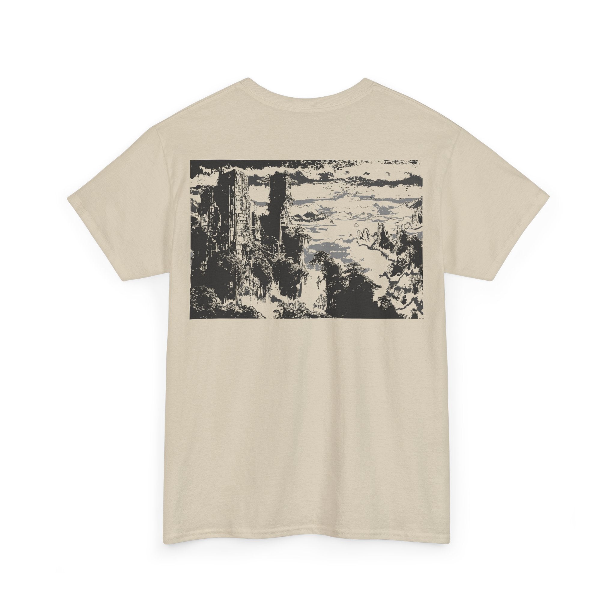 Overgrown City, Heavy Cotton Tee with Scenic Nature Print, Monochrome, Casual Tee, Graphic T-Shirt, Nature Lovers, Everyday Wear, Streetwear
