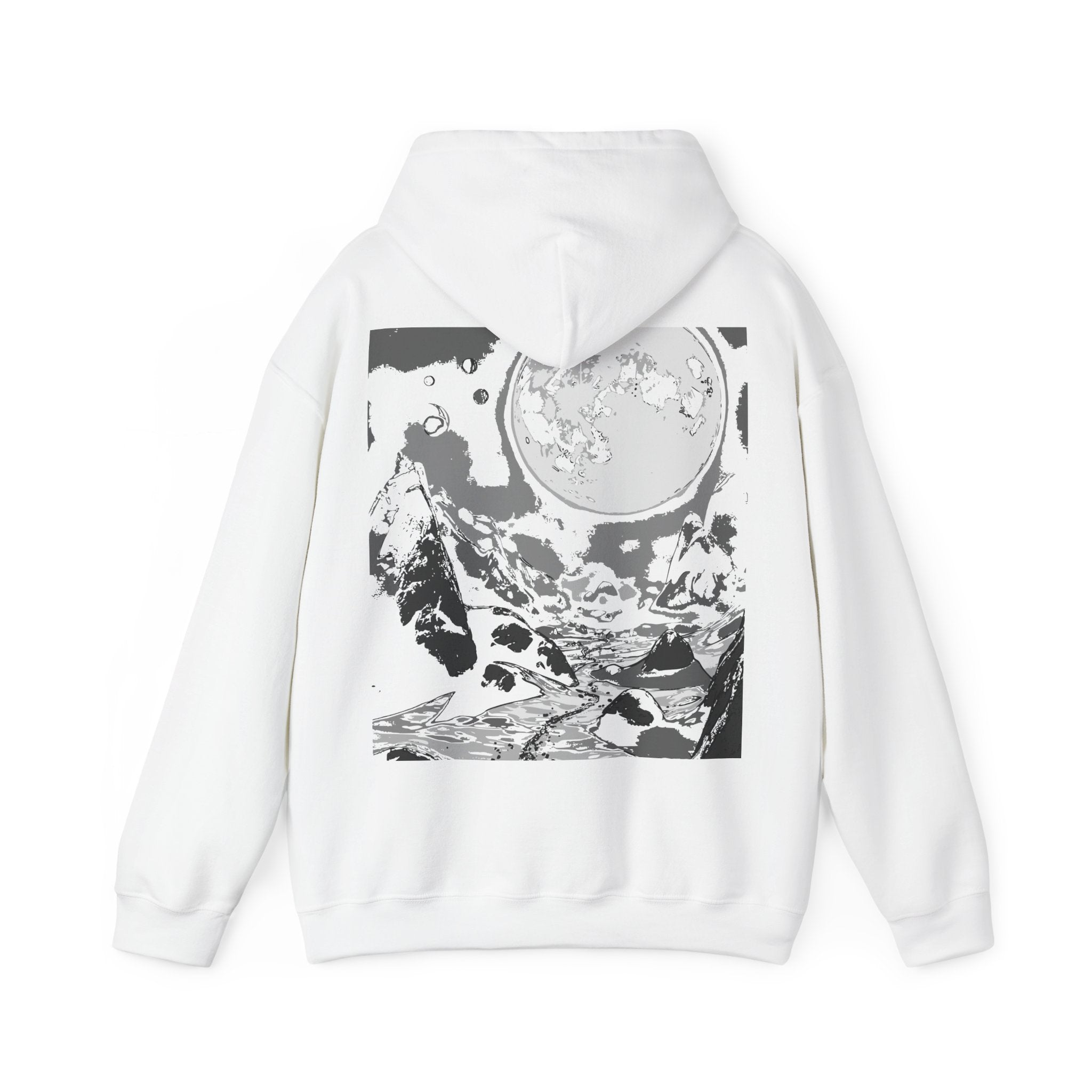Moonlit Adventure Hoodie, Cozy Sweatshirt for Stargazers, Inspirational Gift for Nature Lovers, Perfect for Camping, Streetwear, Monochrome