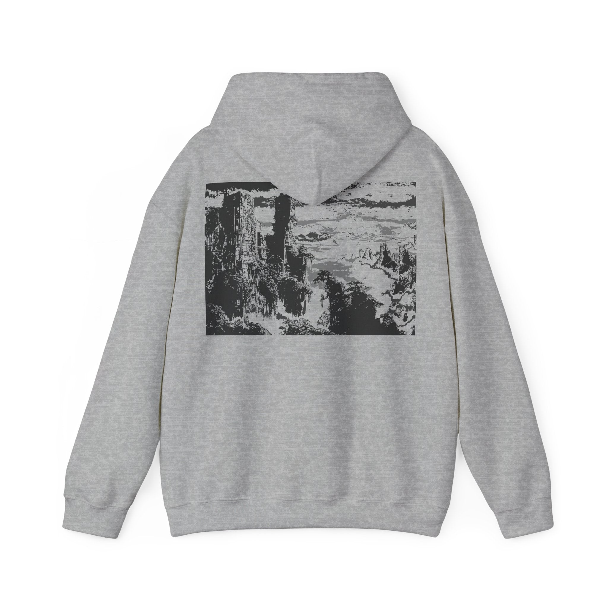 Overgrown City Mountain Heavy Blend Hoodie, Monochrome, Cozy Sweatshirt for Outdoor Lovers, Gift for Nature Enthusiasts, Streetwear