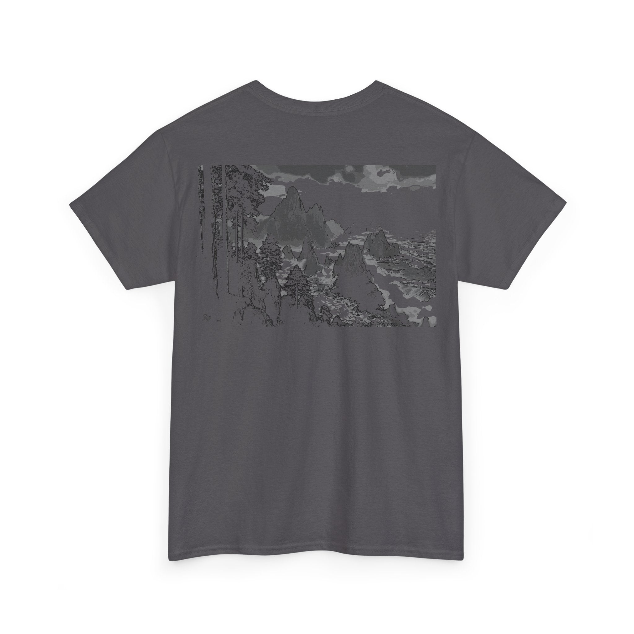 Redwood Shore, Heavy Cotton Tee with Artistic Landscape Design, Monochrome, Streetwear, Nature Lovers, Graphic T-Shirt, Eco-Friendly Apparel