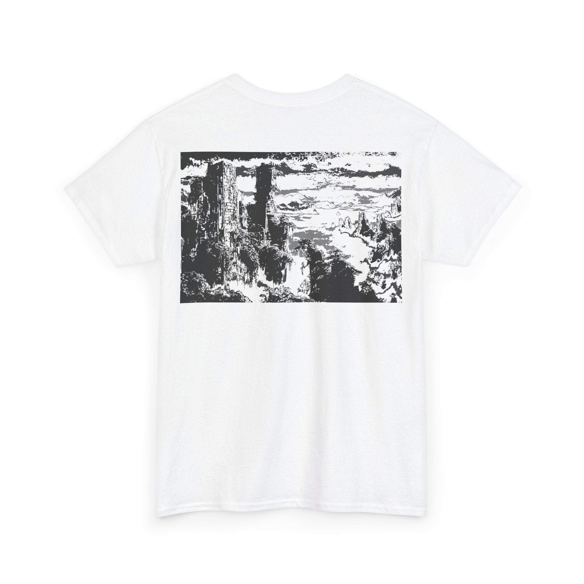 Overgrown City, Heavy Cotton Tee with Scenic Nature Print, Monochrome, Casual Tee, Graphic T-Shirt, Nature Lovers, Everyday Wear, Streetwear