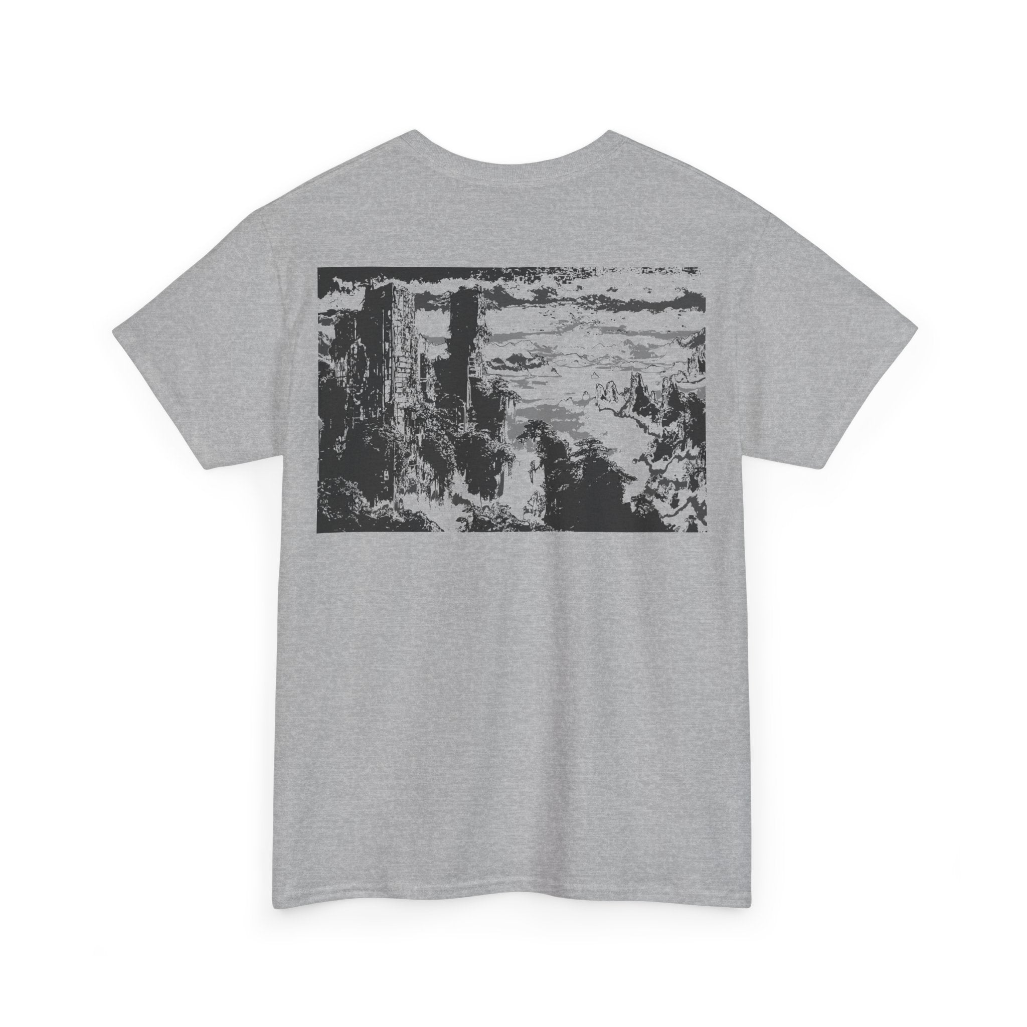 Overgrown City, Heavy Cotton Tee with Scenic Nature Print, Monochrome, Casual Tee, Graphic T-Shirt, Nature Lovers, Everyday Wear, Streetwear