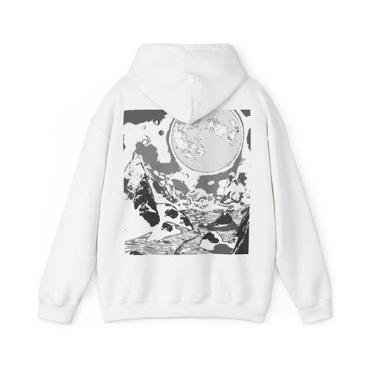 Moonlit Adventure Hoodie, Cozy Sweatshirt for Stargazers, Inspirational Gift for Nature Lovers, Perfect for Camping, Casual Wear, Monochrome