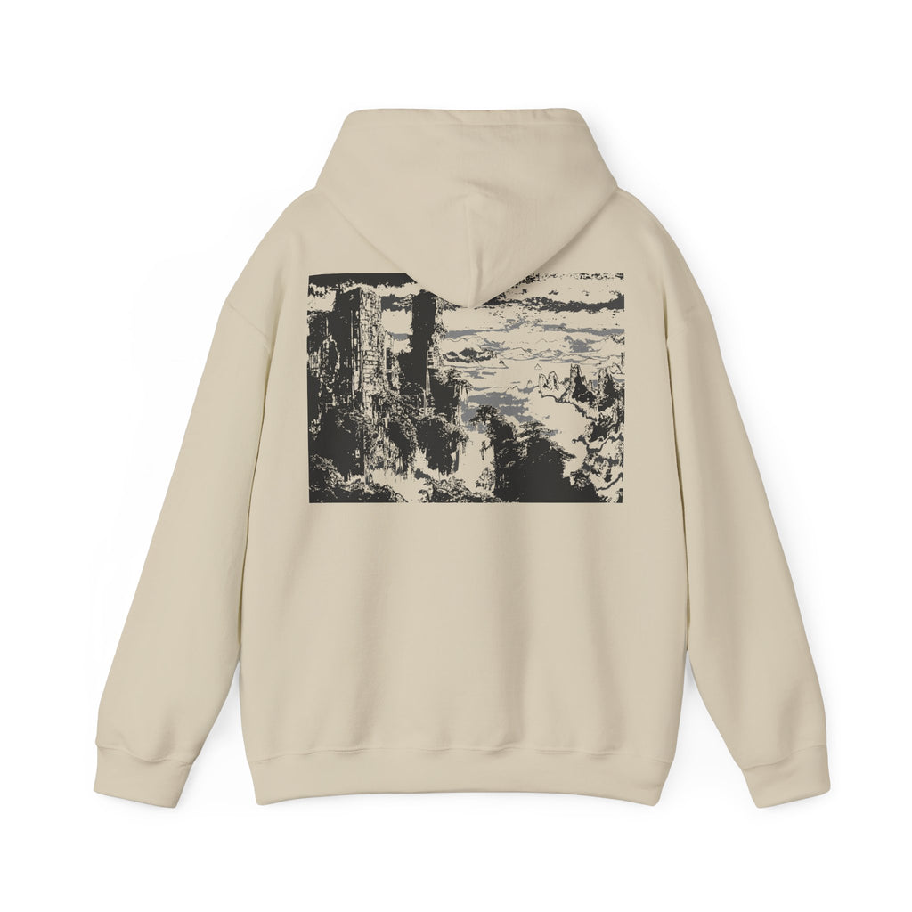 Overgrown City Mountain Heavy Blend Hoodie, Monochrome, Cozy Sweatshirt for Outdoor Lovers, Gift for Nature Enthusiasts, Streetwear
