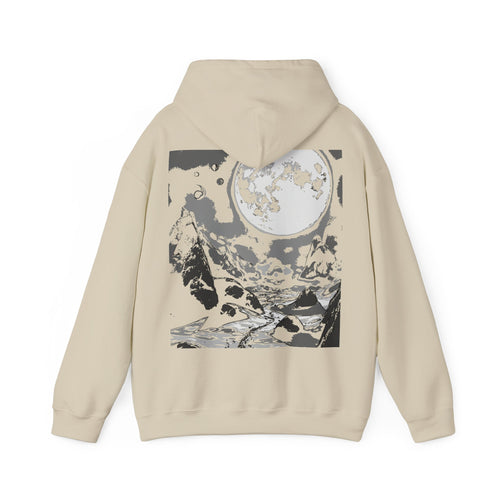 Moonlit Adventure Hoodie, Cozy Sweatshirt for Stargazers, Inspirational Gift for Nature Lovers, Perfect for Camping, Streetwear, Monochrome