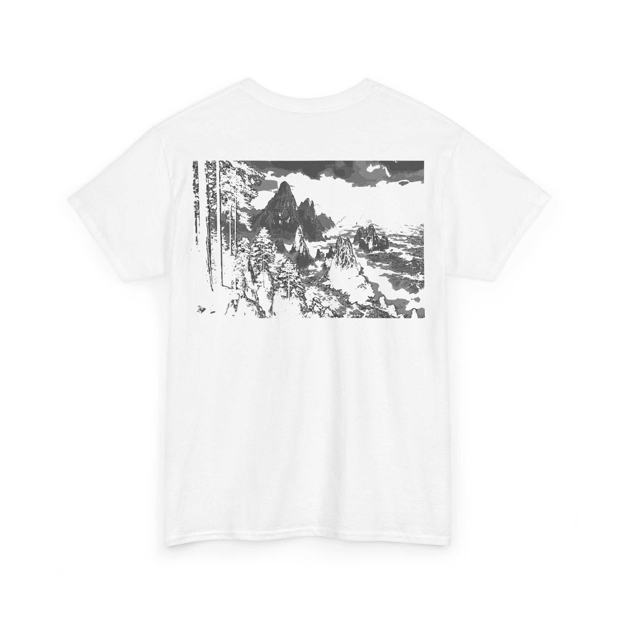 Redwood Shore, Heavy Cotton Tee with Artistic Landscape Design, Monochrome, Streetwear, Nature Lovers, Graphic T-Shirt, Eco-Friendly Apparel