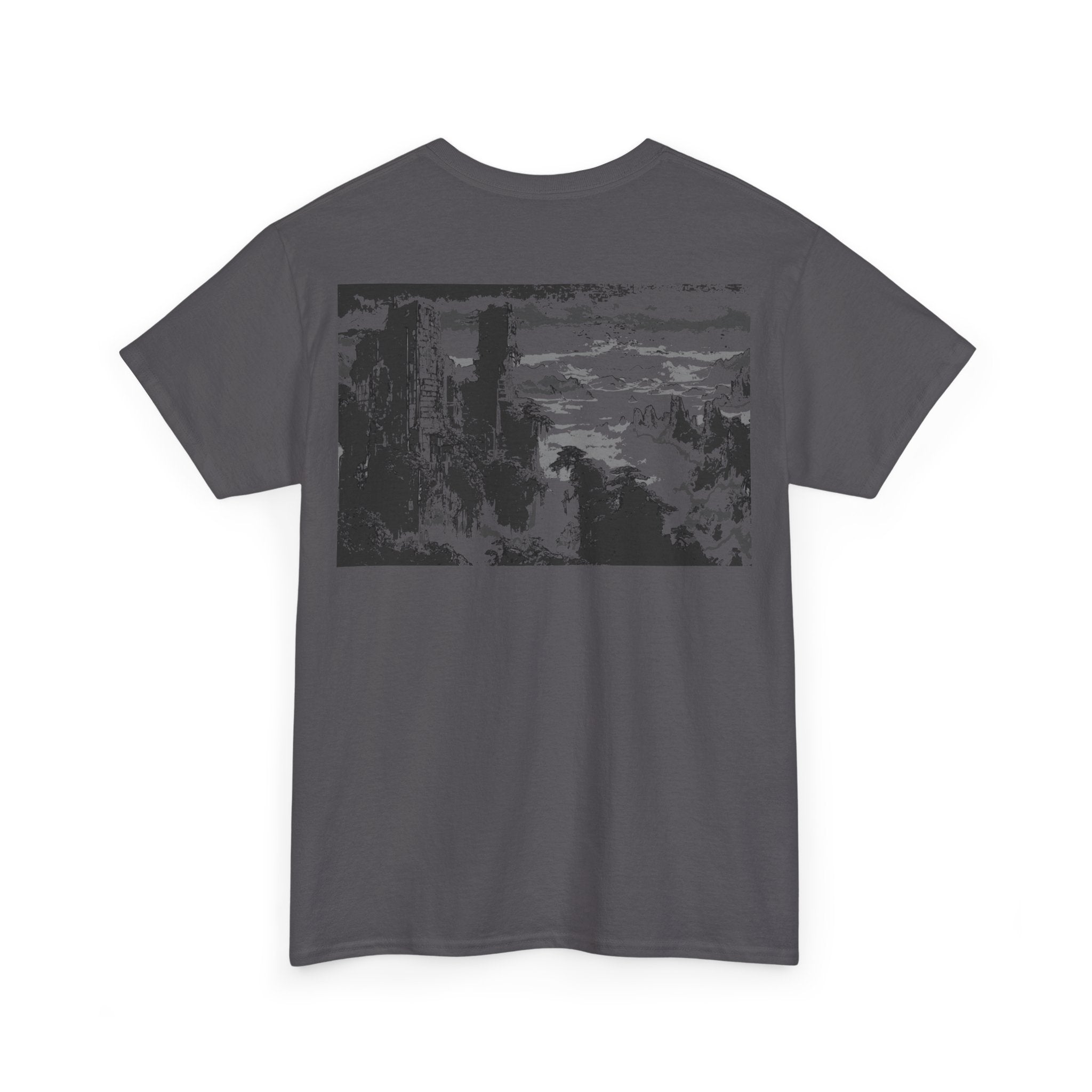 Overgrown City, Heavy Cotton Tee with Scenic Nature Print, Monochrome, Casual Tee, Graphic T-Shirt, Nature Lovers, Everyday Wear, Streetwear