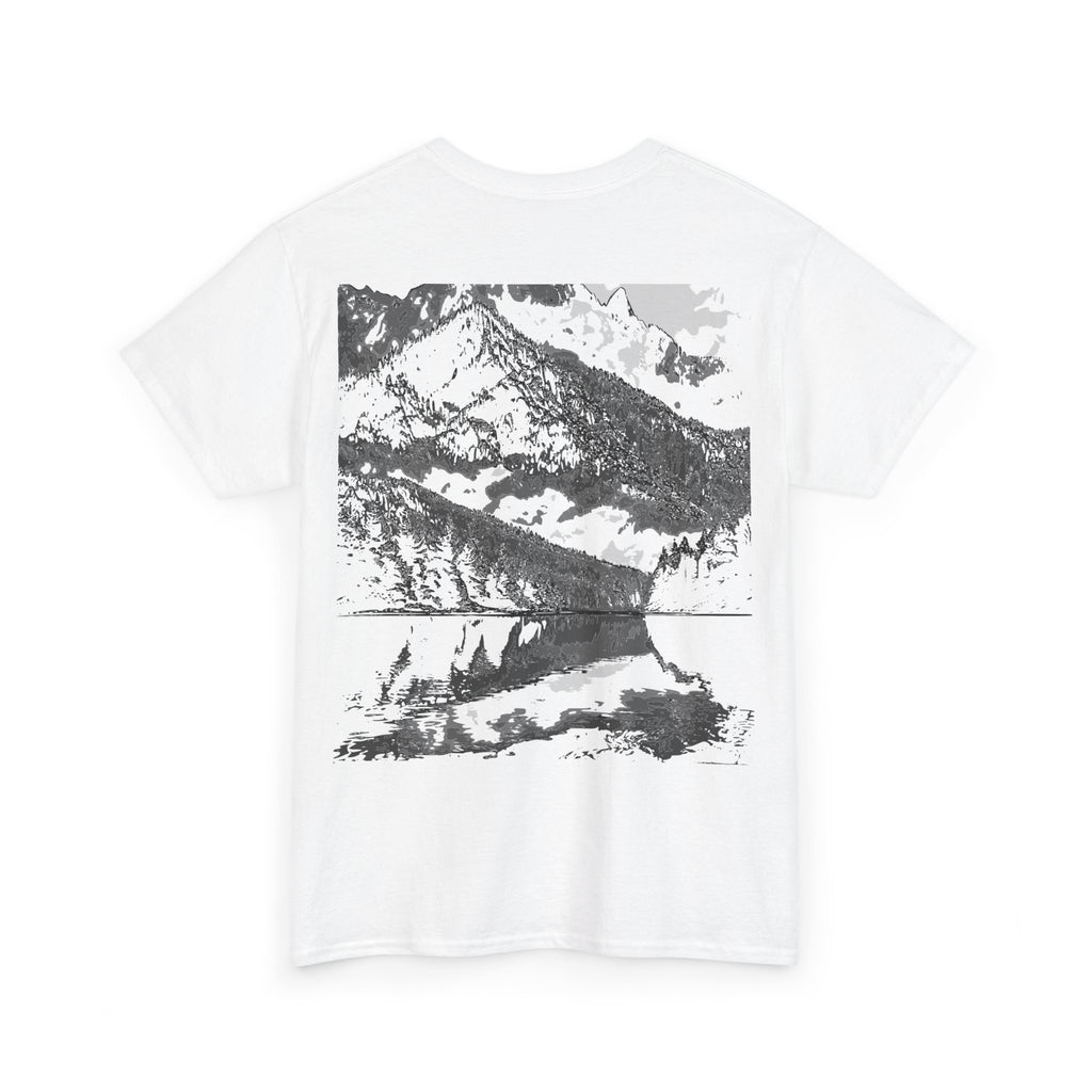 Mountain Reflection Tee, Graphic Tee, Relaxed Fit Shirt, Streetwear, Gift for Nature Lovers, Everyday Style, Monochrome