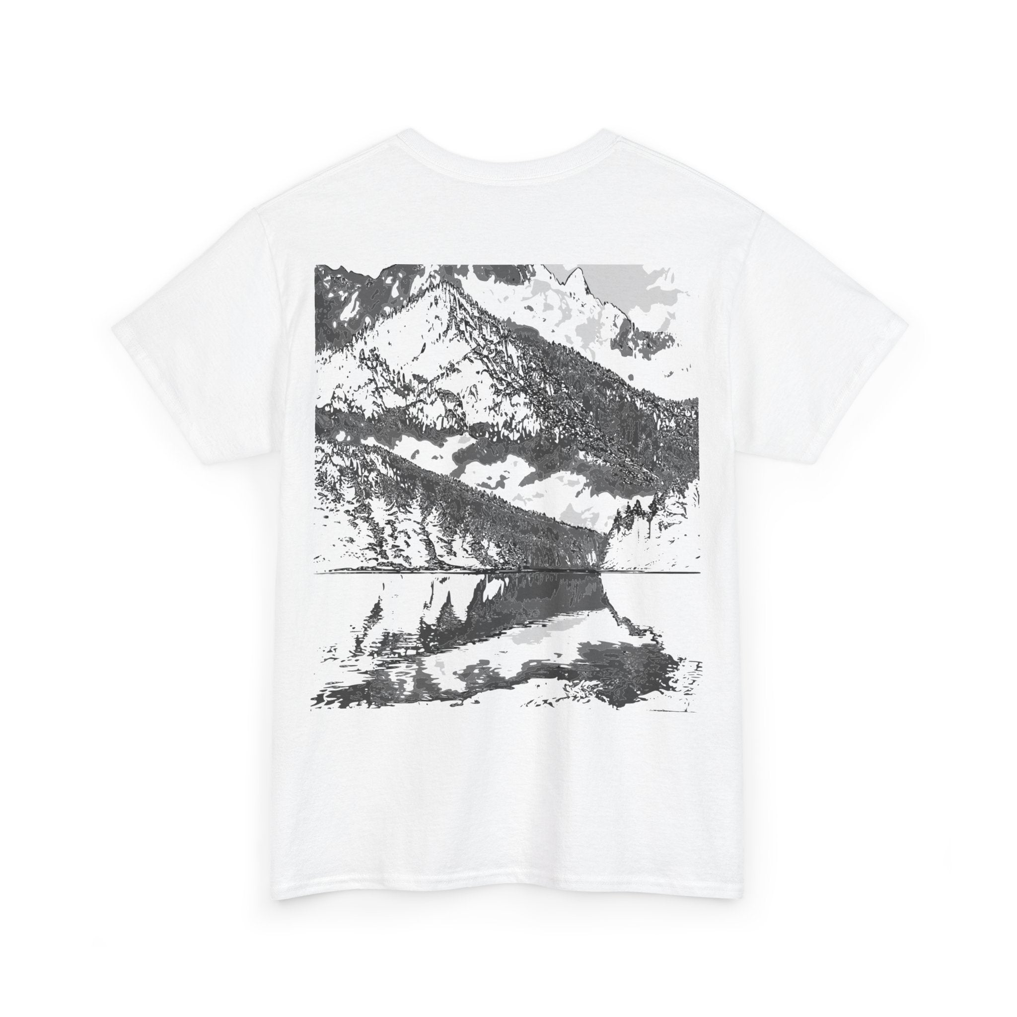 Mountain Reflection Tee, Graphic Tee, Relaxed Fit Shirt, Streetwear, Gift for Nature Lovers, Everyday Style, Monochrome