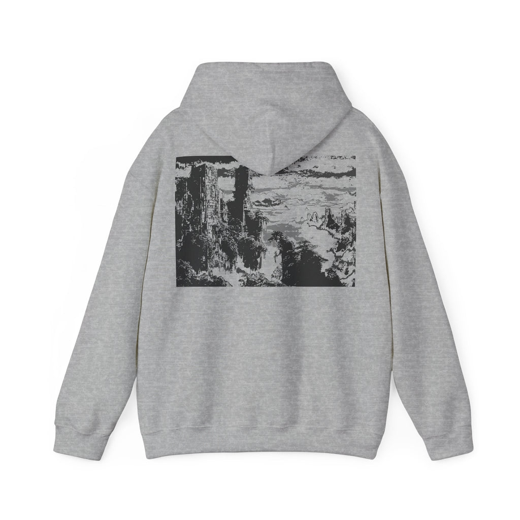 Overgrown City Mountain Heavy Blend Hoodie, Monochrome, Cozy Sweatshirt for Outdoor Lovers, Gift for Nature Enthusiasts, Streetwear